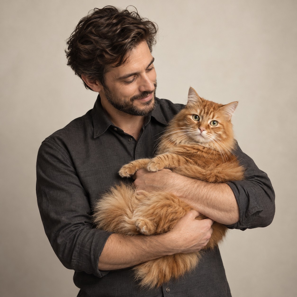 Un homme portant son chat roux, illustration d’un portrait au studio
