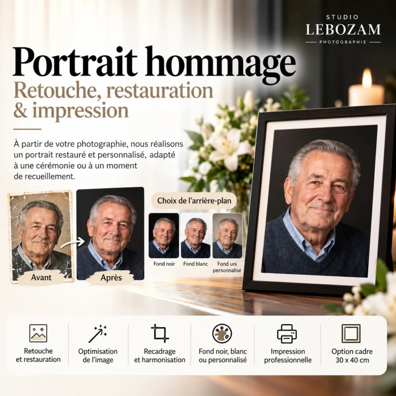 Photographie principale de la fiche produit PrestaShop – Portrait hommage · retrait studio – Studio Lebozam