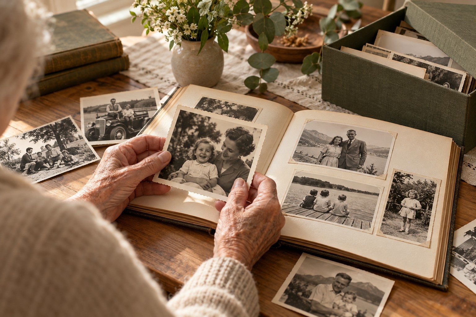 Photographies anciennes organisées dans une boîte et un album — illustration du classement familial