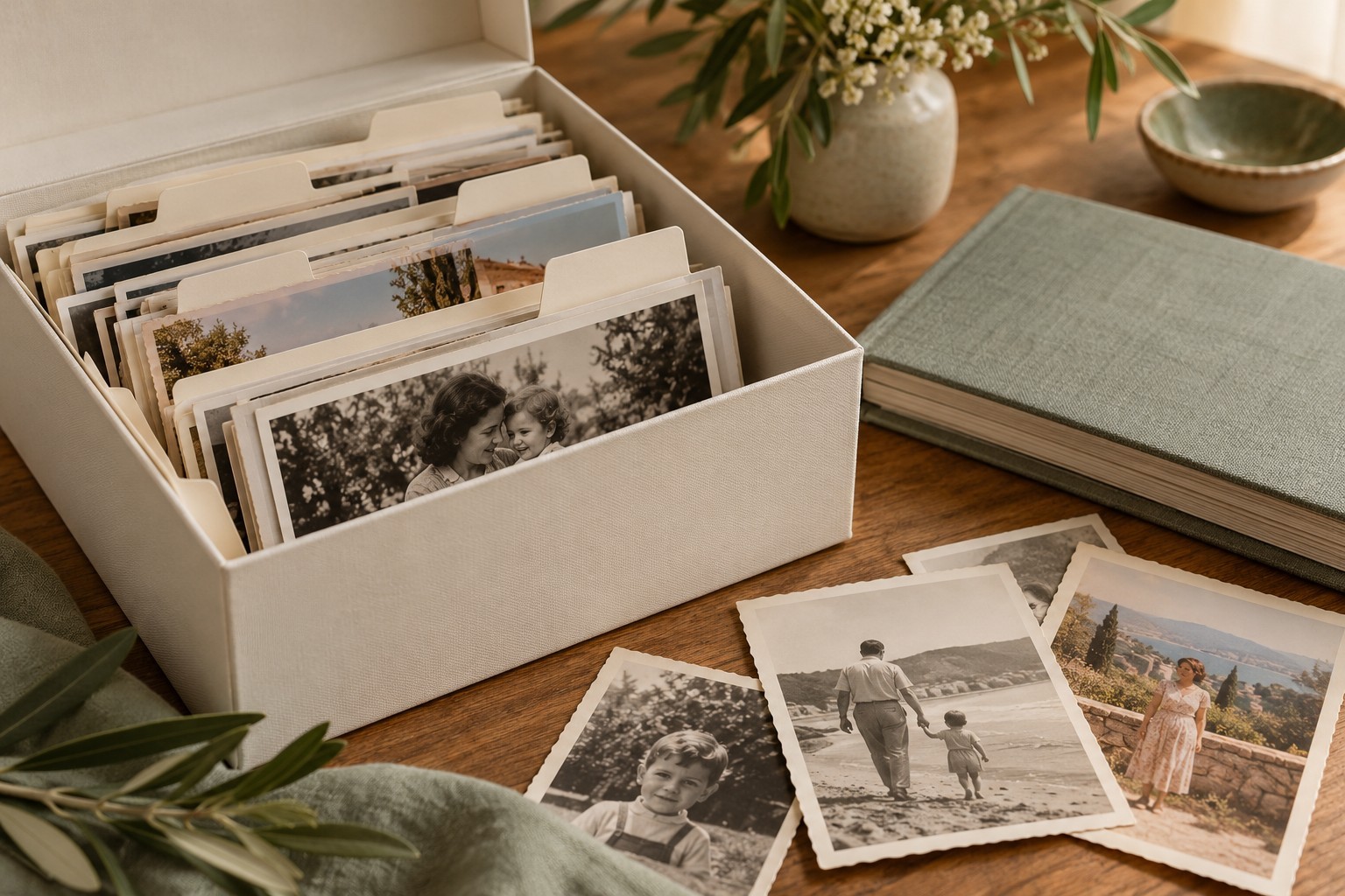 Album ancien et photographies de famille dans une ambiance chaleureuse — illustration